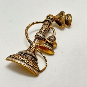 Vintage Damascene Candlestick Phone Brooch, Made In Spain, Gold, Black